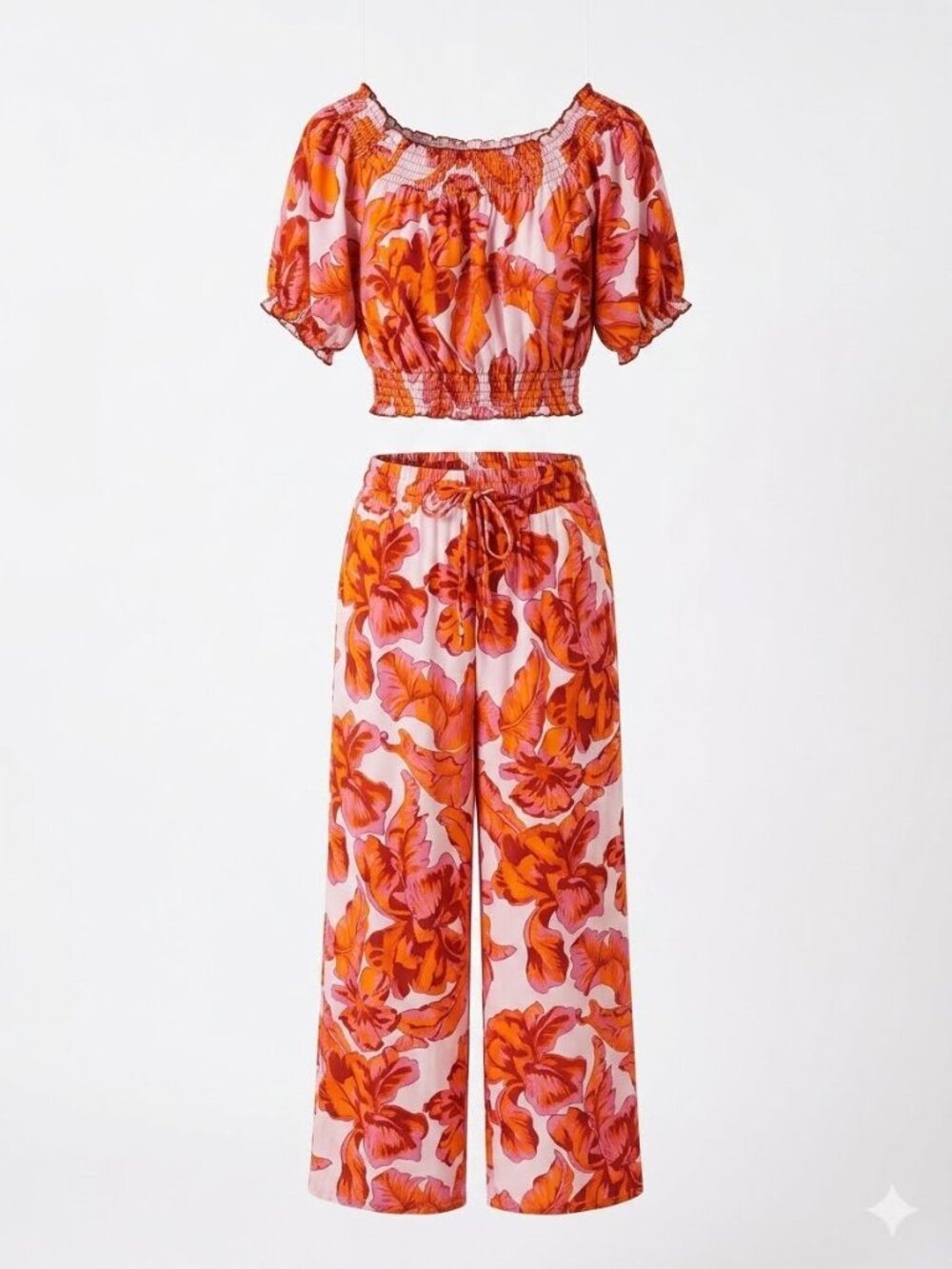 2-Piece Tropical Print Co-Ord Set Smocked Crop Top Wide Leg Pants Size M